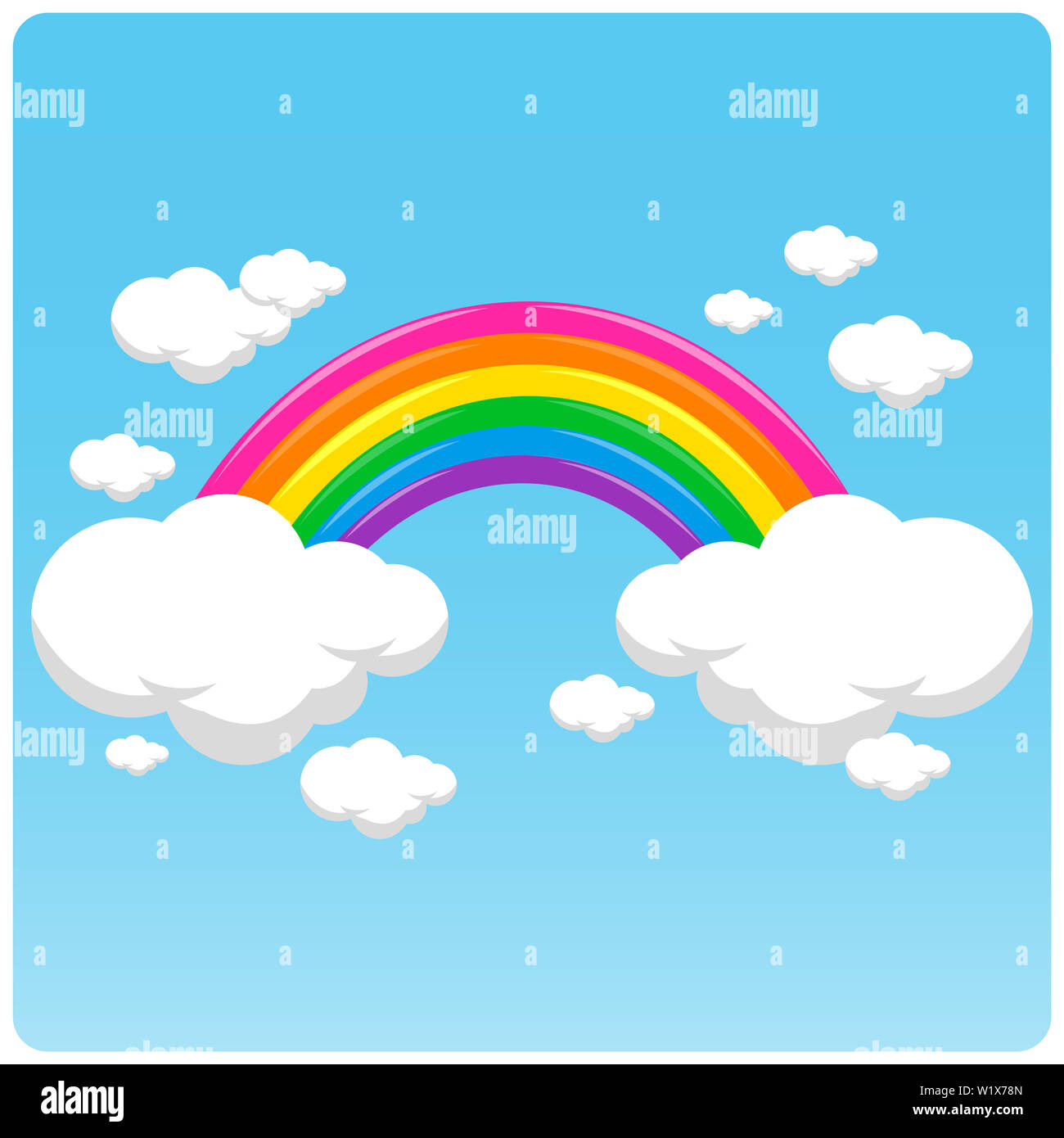 Fond de ciel bleu avec arc-en-ciel coloré et nuages blancs. Heureux arc-en-ciel et nuages dans le ciel. Banque D'Images