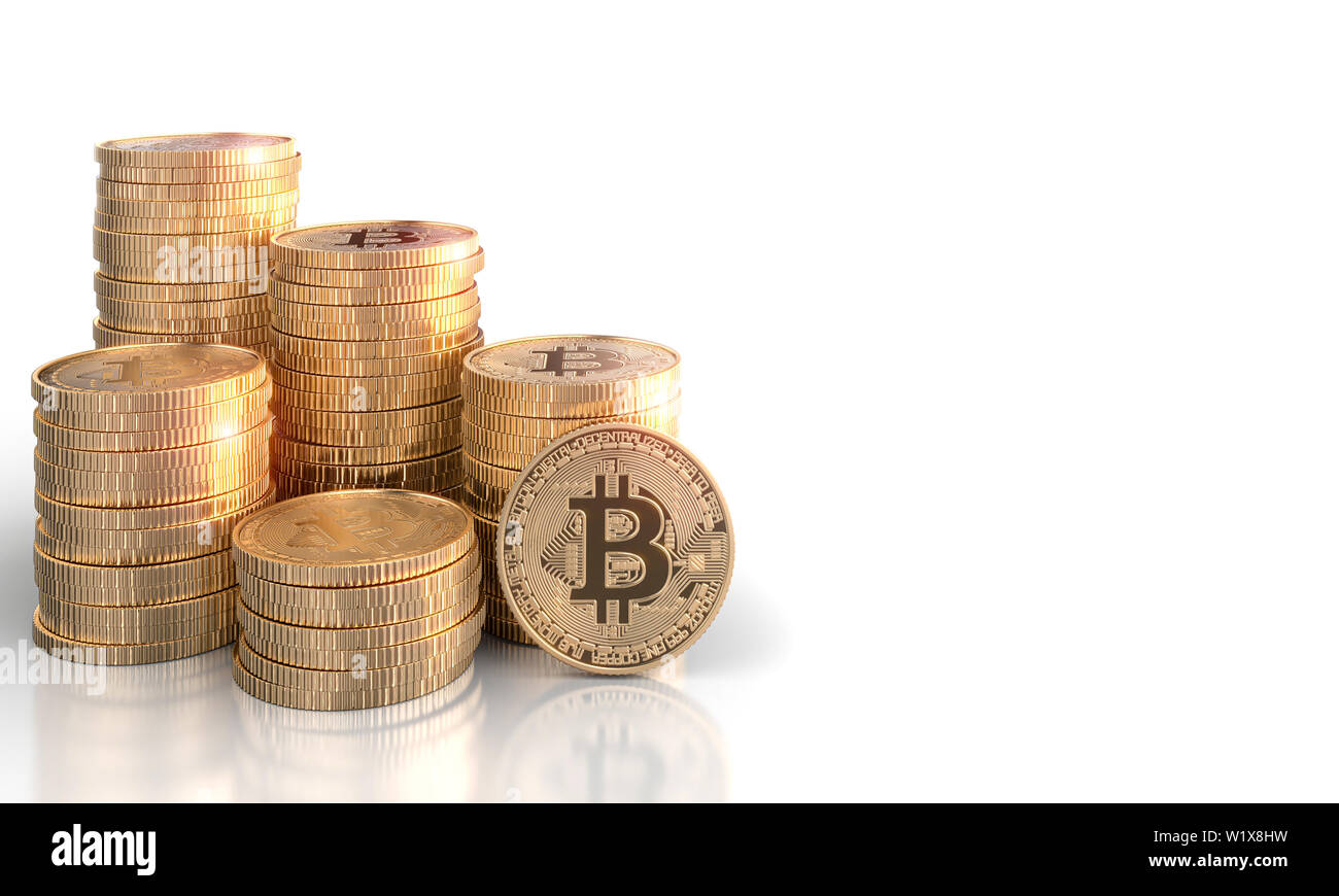 L'image de rendu 3D de piles de pièces d'or bitcoin sur un fond blanc. concept de monnaie électronique et blockchain Banque D'Images