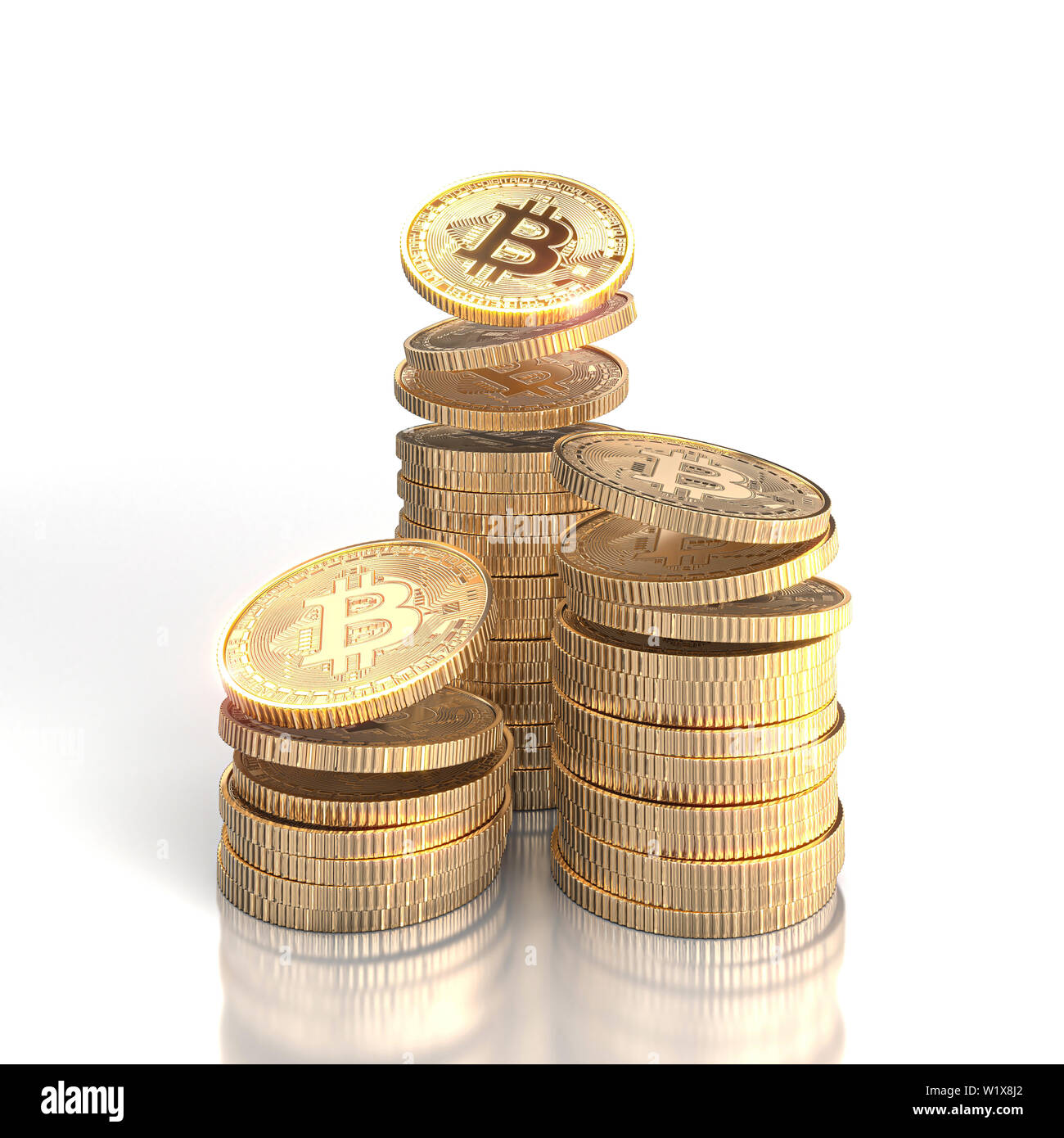 L'image de rendu 3D de piles de pièces d'or bitcoin sur un fond blanc. concept de monnaie électronique et blockchain Banque D'Images