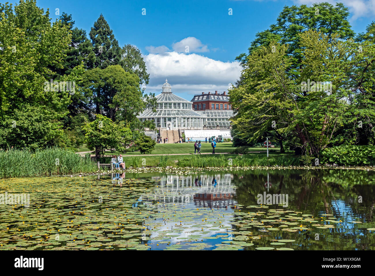 Le Jardin botanique de Copenhague (Botanisk ont) avec le palm house (Palmehuset) et étang dans Danemark Copenhague Voldgade Øster Banque D'Images