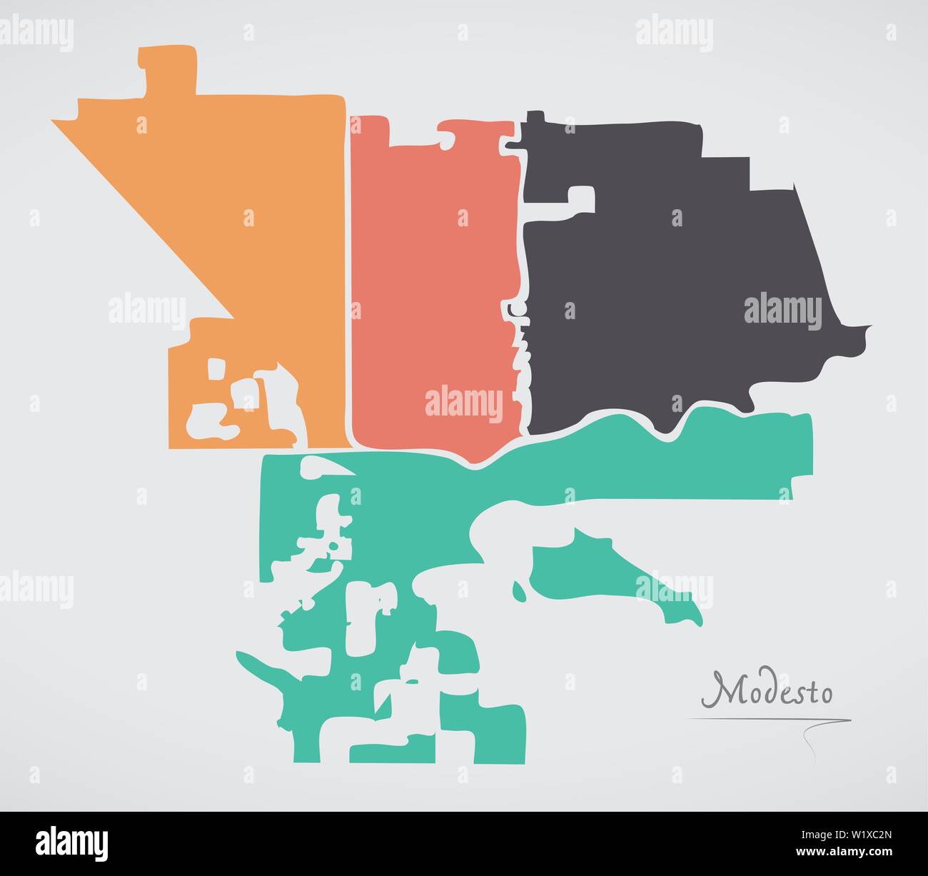 Modesto Californie Plan avec les quartiers et les formes rondes modernes Illustration de Vecteur