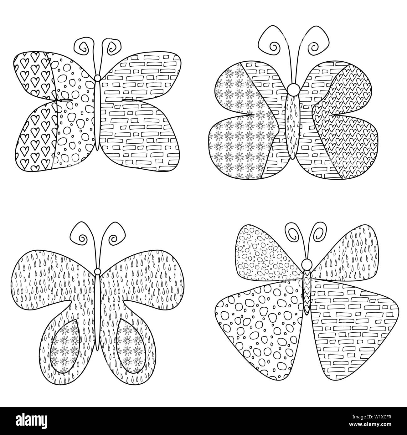 Zentangle set papillon adulte pour livre de coloriage antistress sur fond blanc. Illustration de l'art zen Illustration de Vecteur