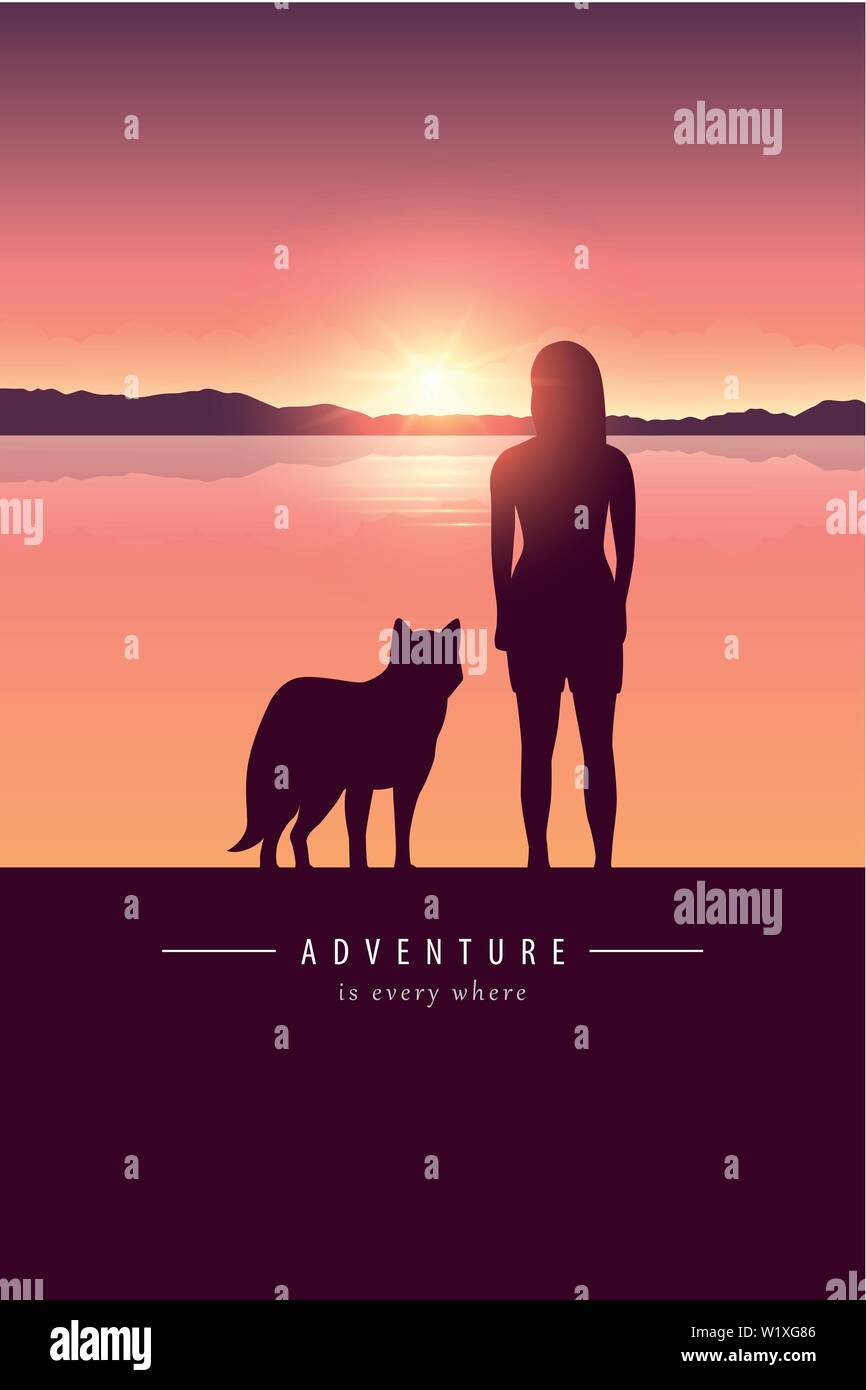 Girl and dog silhouette par le lac avec un paysage de montagne au coucher du soleil design aventure vector illustration EPS10 Illustration de Vecteur