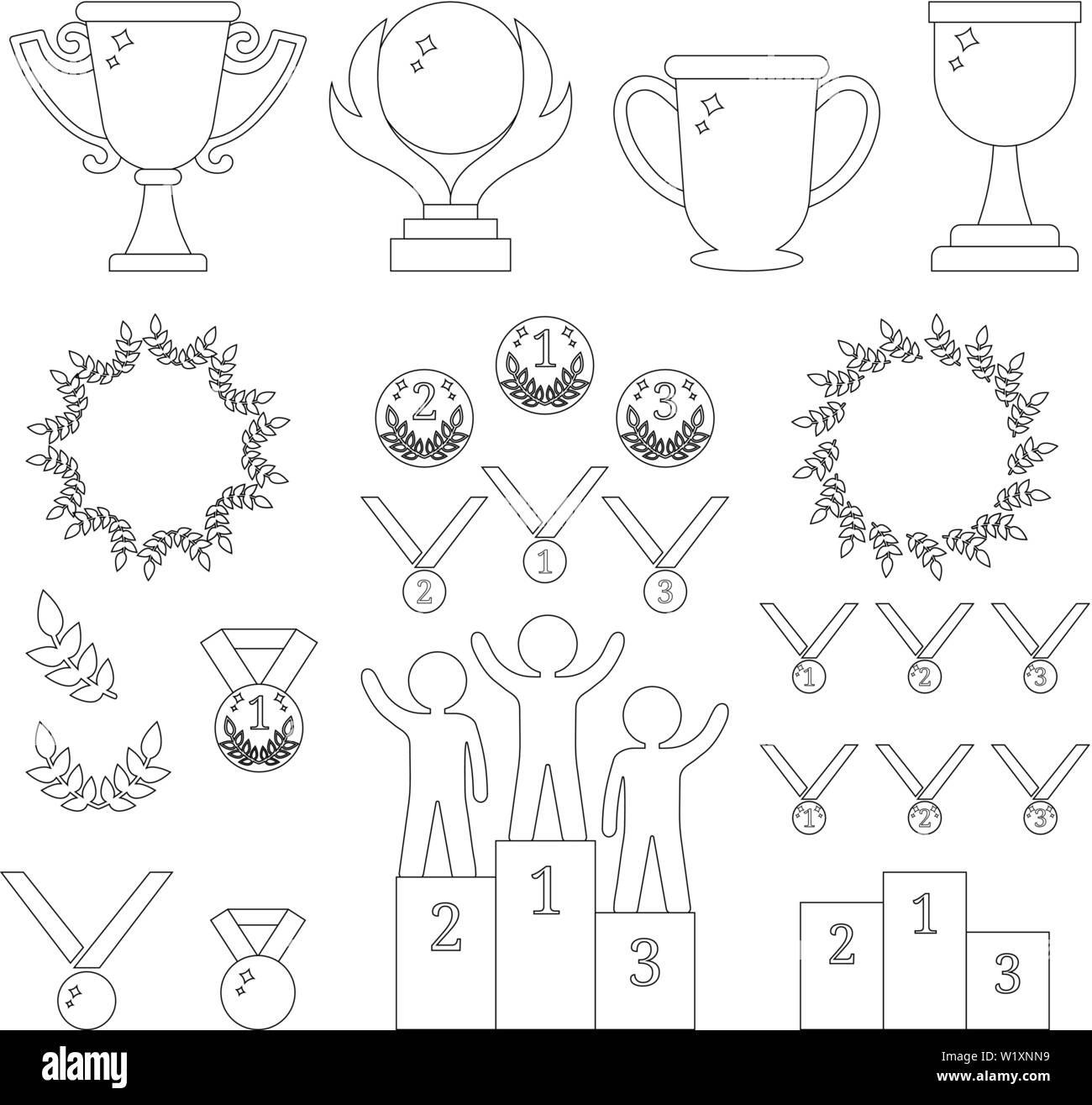 Vector Collection de Sport Awards. Décrire les icônes de trophées, médailles, piédestal, Laure de cadres, de monnaie. Première, Deuxième, troisième place. Les humains sur podium. Ve Illustration de Vecteur