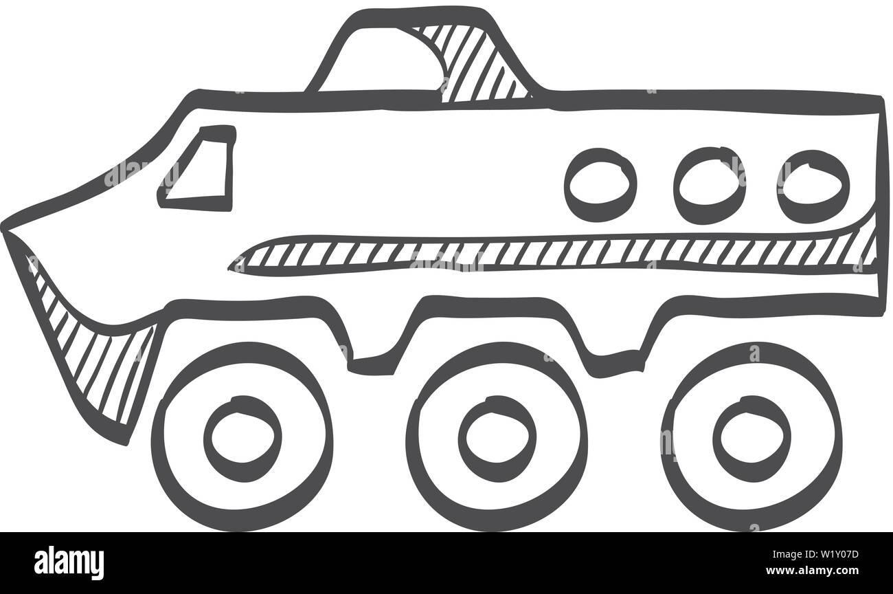 Dans l'icône du véhicule blindé doodle sketch lignes. Transport de l'armée militaire à l'épreuve des balles Illustration de Vecteur