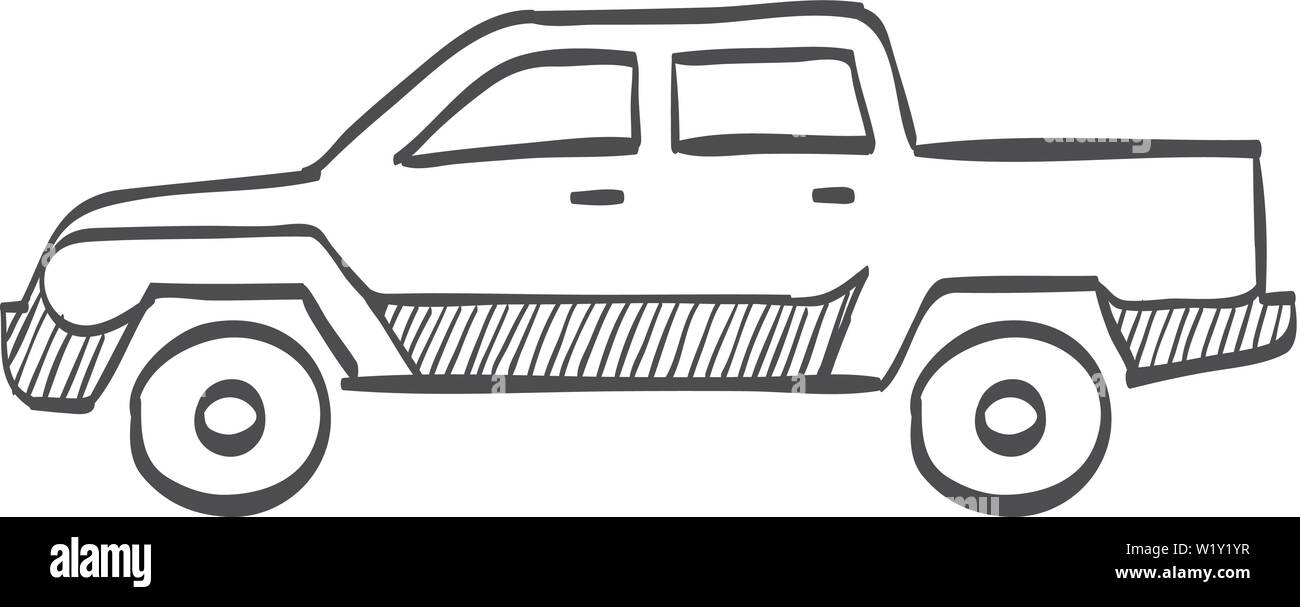 Icône de voiture à doodle sketch lignes. Camion, cabine double, 4x4, 4 roues American driver Illustration de Vecteur