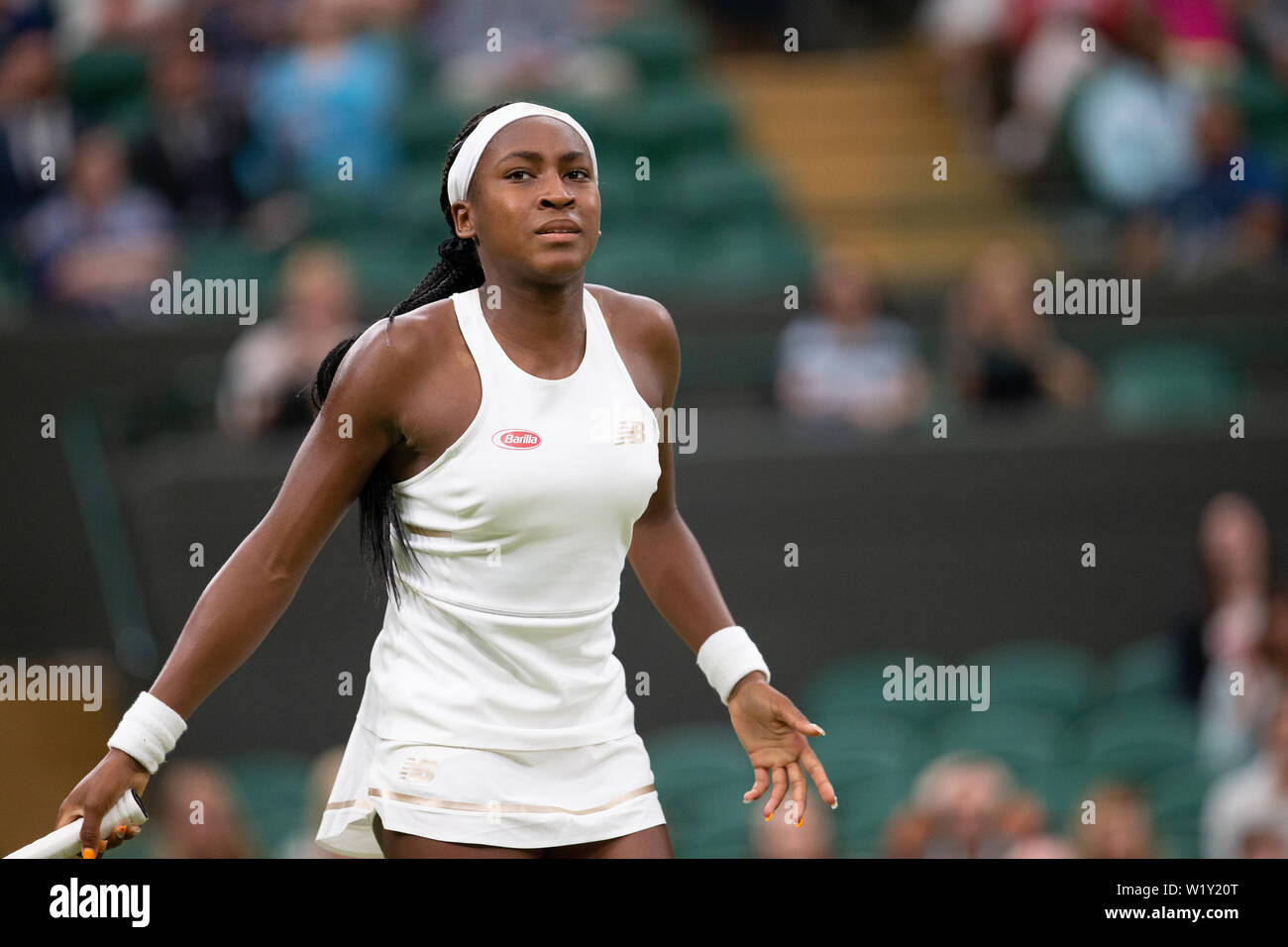 Londres, ANGLETERRE - 03 juillet : Cori Gauff de USA en action au cours de ses dames en deuxième tour le troisième jour des Championnats - Wimbledon 2019 au All England Lawn Tennis et croquet Club le 03 juillet 2019, à Londres, en Angleterre. Banque D'Images