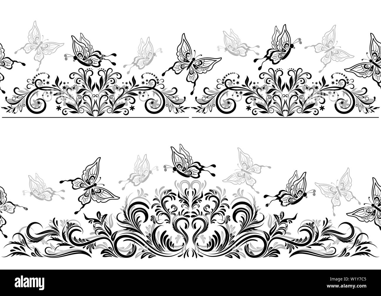Les modèles sans couture horizontale avec les papillons noir et gris de contours sur fond blanc carreaux. Vector Illustration de Vecteur
