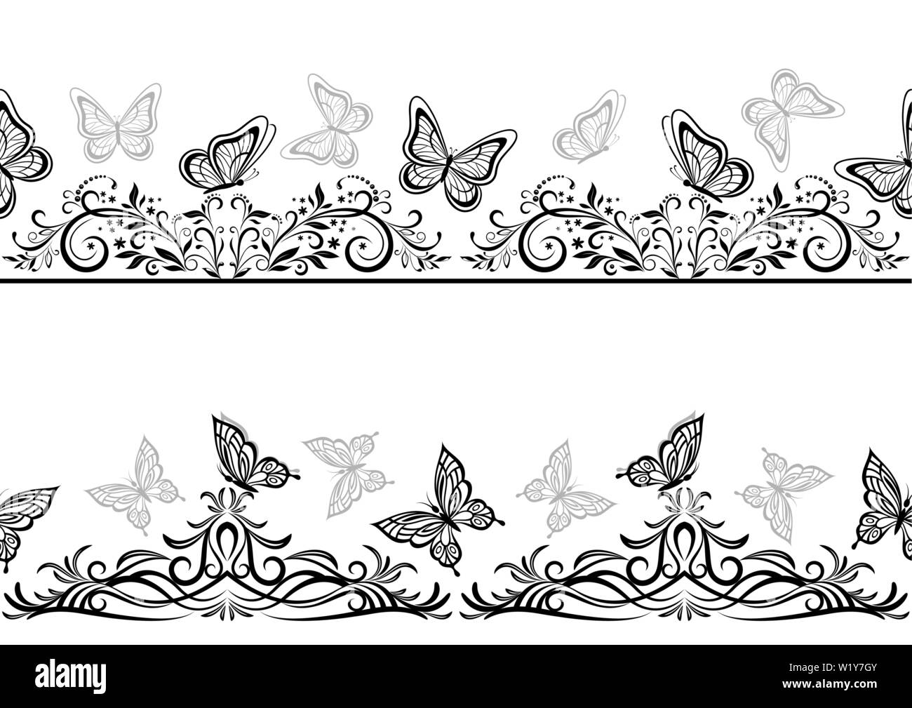 Les modèles sans couture horizontale avec les papillons noir et gris de contours sur fond blanc carreaux. Vector Illustration de Vecteur