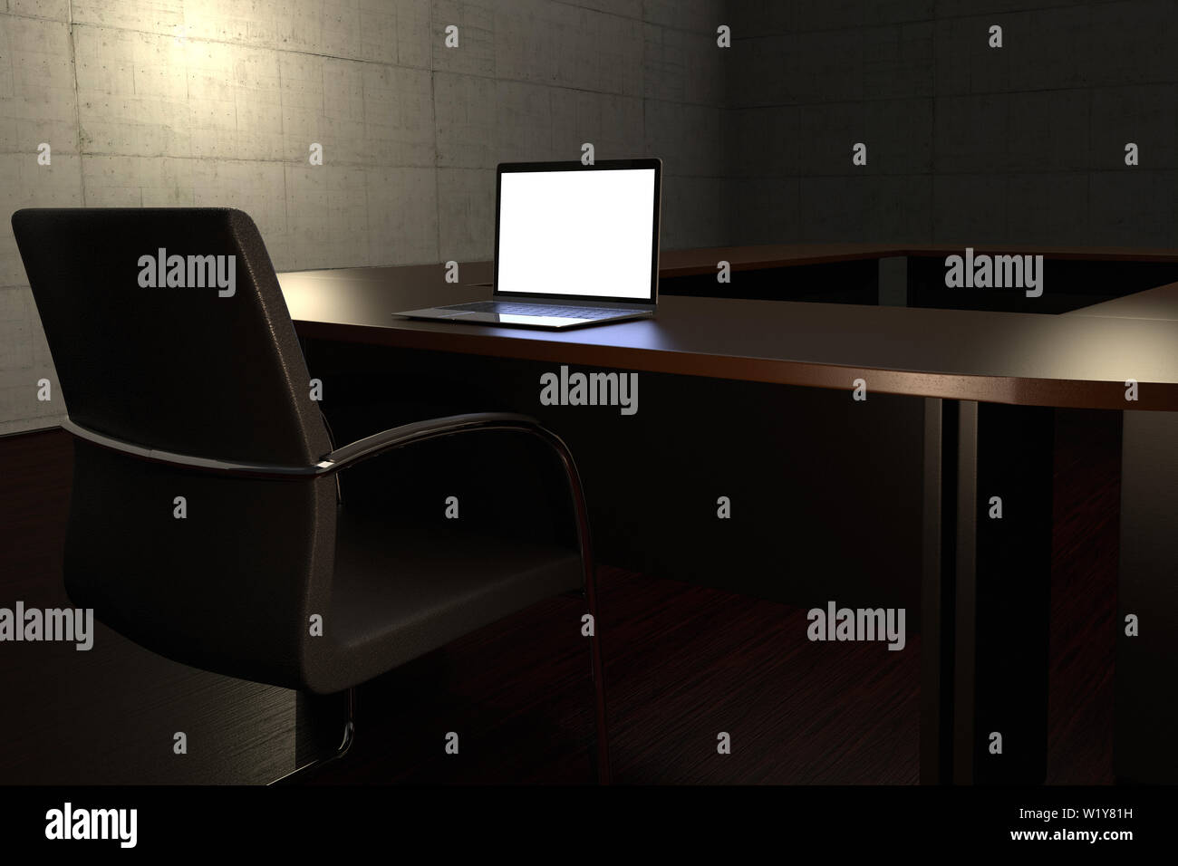 Le rendu 3D de travail tard la notion de représentation avec une salle de conférence et d'un ordinateur portable Banque D'Images