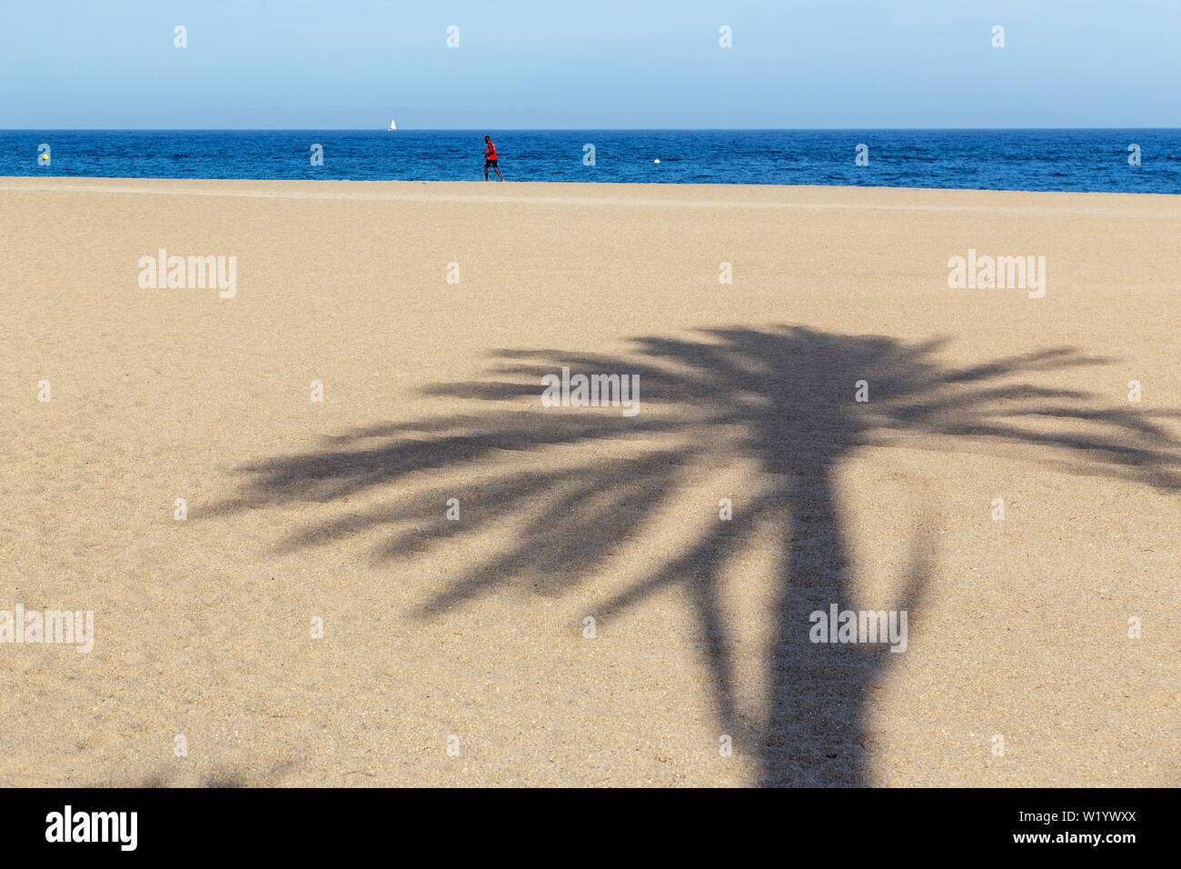 Ombre de palmier dans le sable sur la plage en Espagne. Homme africain marche dans la distance près de la mer. Banque D'Images