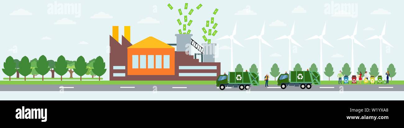 Concept de gestion des déchets. Paysage de vecteur processus de recyclage avec les travailleurs, les gens différents types de tri des déchets et le transport de camions poubelle t Illustration de Vecteur