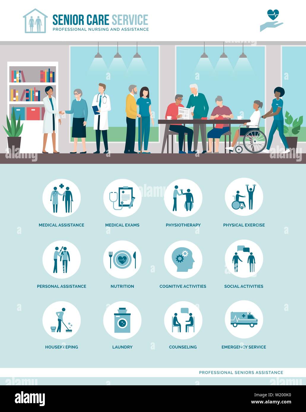 Les soins aux personnes âgées Services à la maison de soins infirmiers : les personnes âgées et le personnel médical ensemble, icons set Illustration de Vecteur