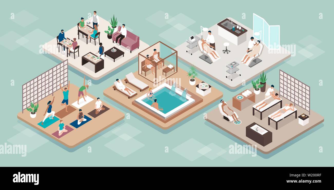 Beauté Bien-être soins de spa de luxe et les gens se détendre : piscine, sauna, massage, soins de beauté, de remise en forme de yoga et des restaurants raffinés, scénario int isométrique Illustration de Vecteur