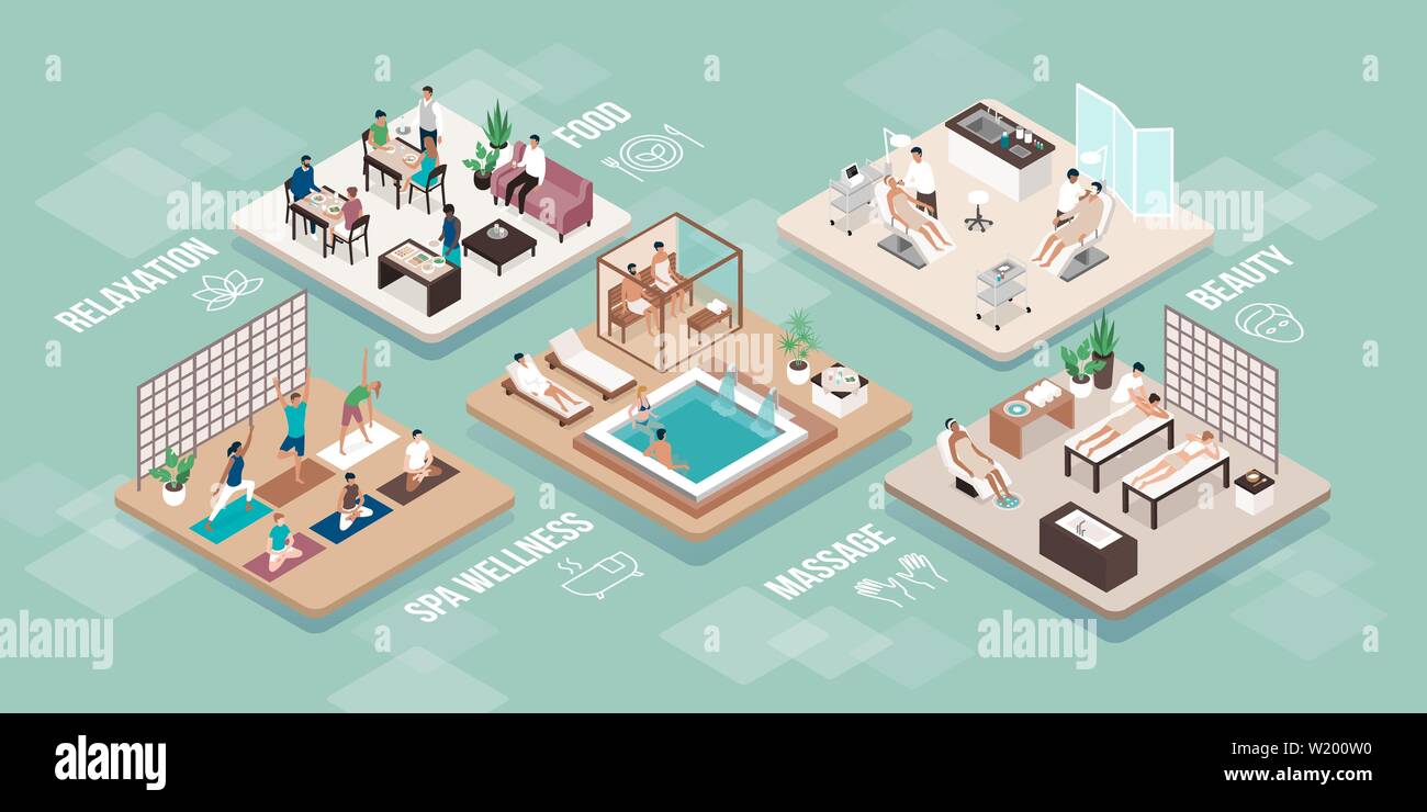 Beauté Bien-être soins de spa de luxe et les gens se détendre : piscine, sauna, massage, soins de beauté, de remise en forme de yoga et des restaurants raffinés, scénario int isométrique Illustration de Vecteur