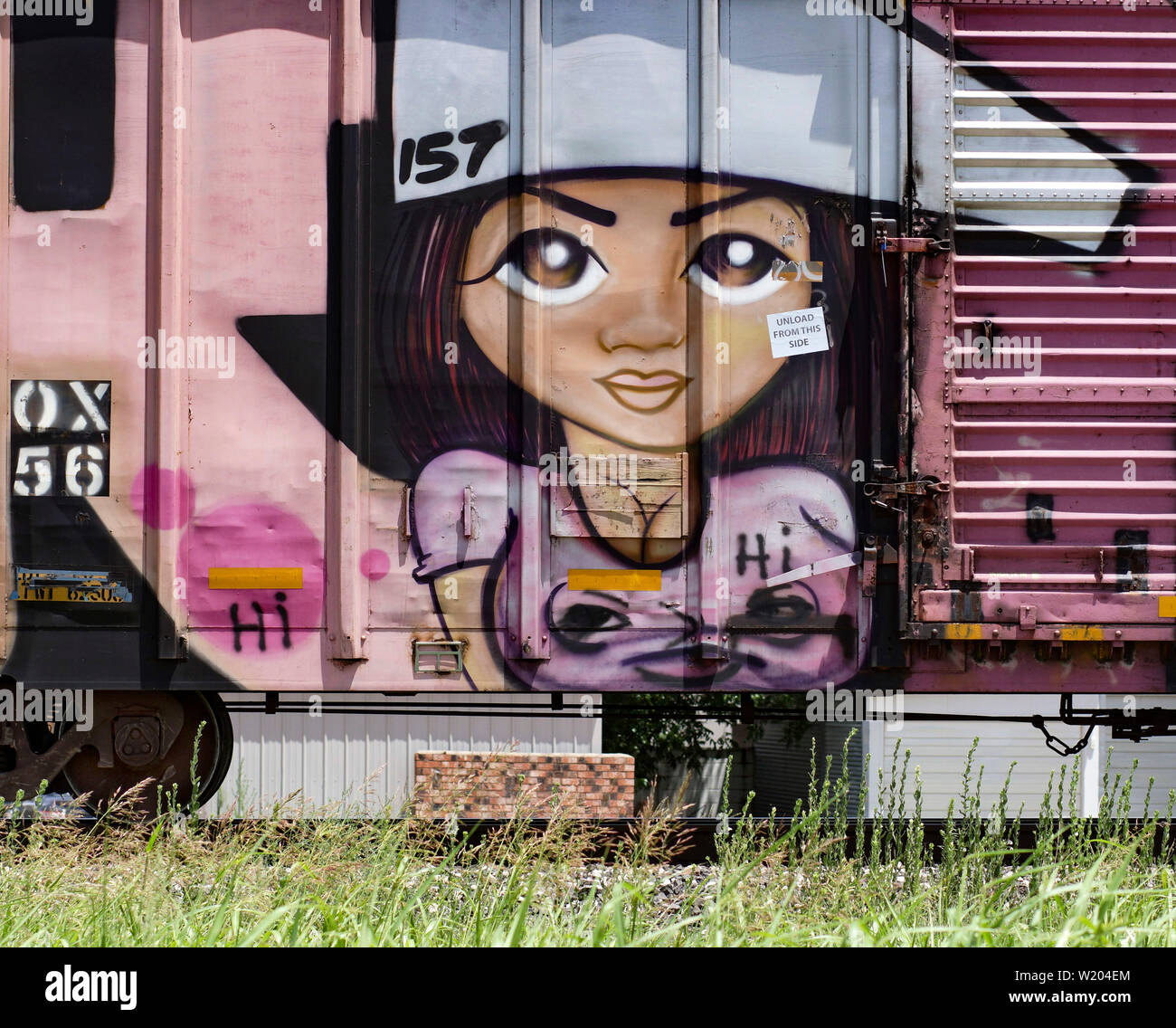 Personnage de manga peint sur un wagon de chemin de fer. Le Texas. Banque D'Images