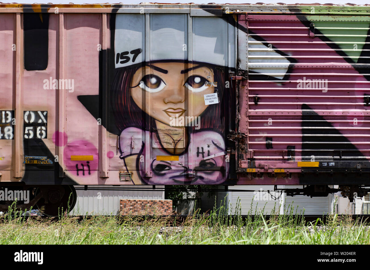 Personnage de manga peint sur un wagon de chemin de fer. Le Texas. Banque D'Images
