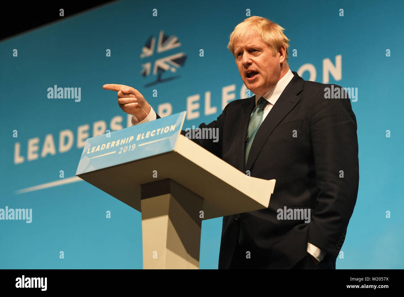 La direction du parti conservateur, Boris Johnson, aspirant au cours d'une campagne électorale à la direction du parti conservateur à New York. Banque D'Images