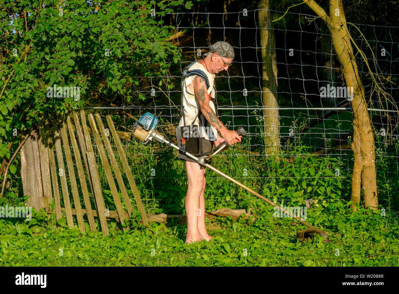 L'homme à l'aide d'un strimmer de couper l'herbe et les mauvaises herbes dans un jardin zala hongrie Banque D'Images