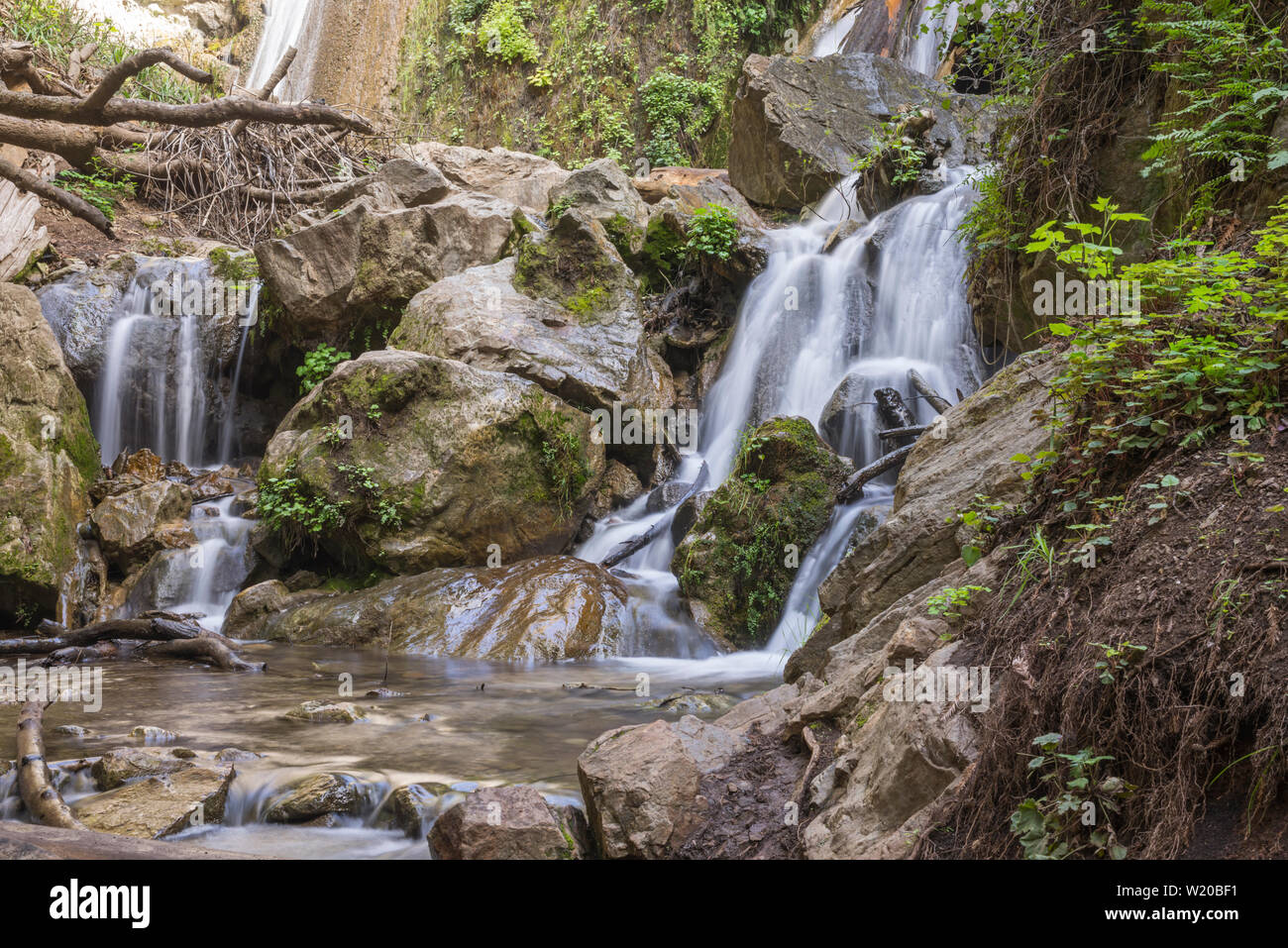 L'eau qui coule au-dessous Limekiln Falls. Limekiln State Park, Big Sur, Californie, USA. Banque D'Images