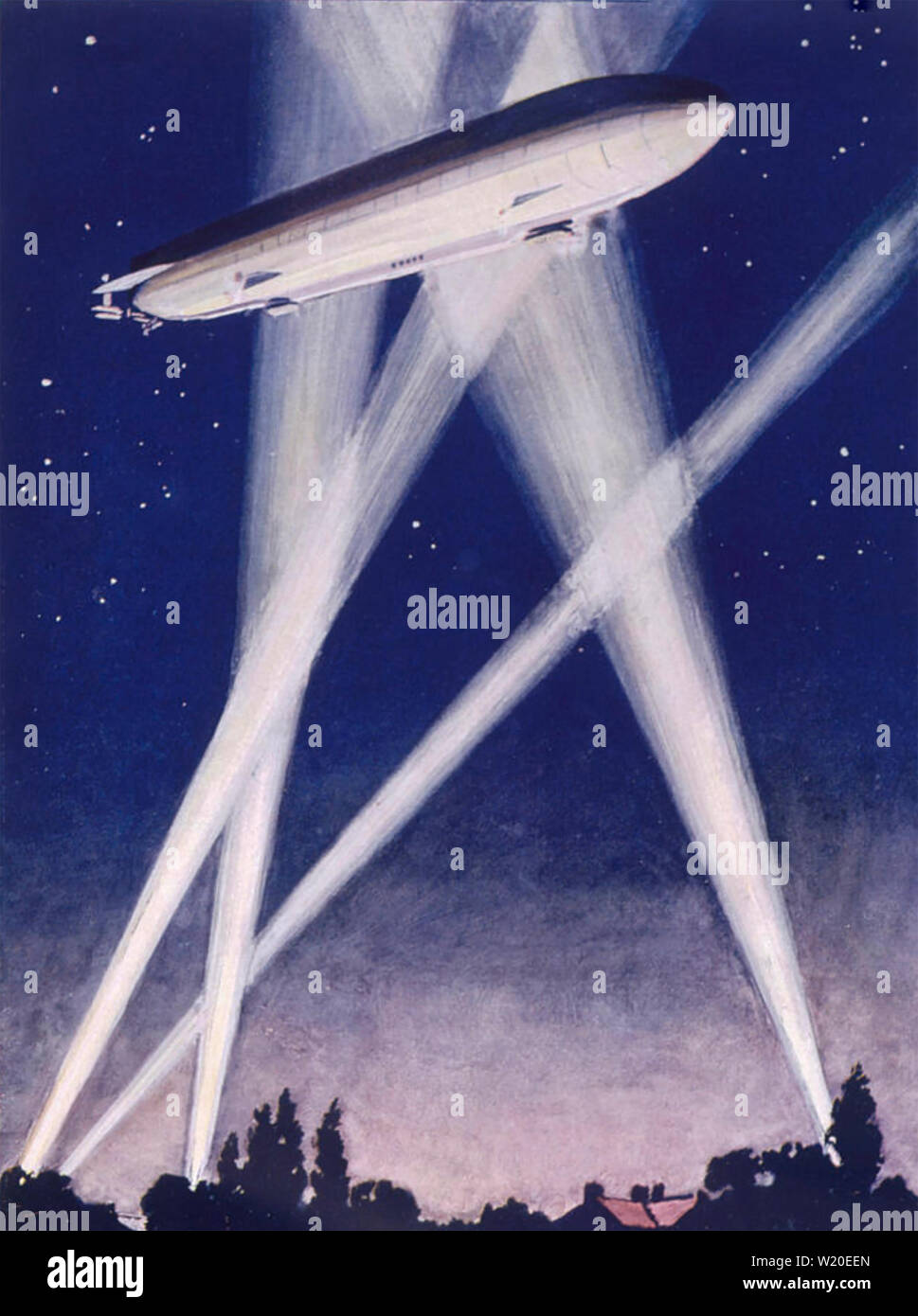 Dirigeable allemand Zeppelin peinture d'une pris dans les projecteurs sur l'Angleterre DURANT LA SECONDE GUERRE MONDIALE ! Banque D'Images