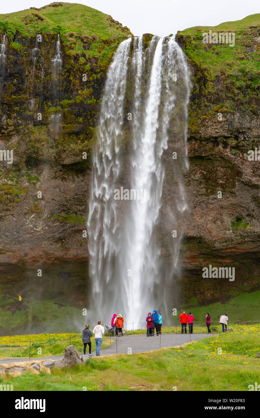 La cascade de Seljalandsfoss, sur la côte sud de l'Islande. Banque D'Images