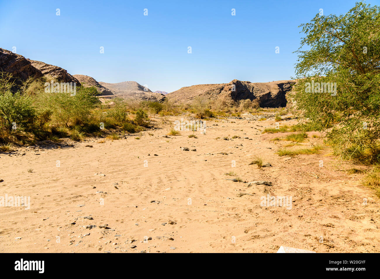 Non-existant à la suite d'une saison humide, la Namibie est atteint d'une grave sécheresse. Les rivières qui sont normalement et avec un débit complet sont complètement asséchés. Banque D'Images