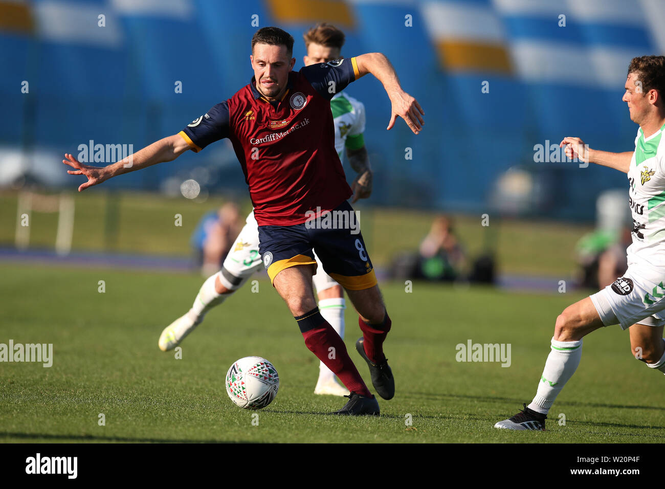 Cardiff, Royaume-Uni. Le 04 juillet, 2019. Christopher Baker de Cardiff se sont réunis dans l'action. L'UEFA Europa League match de préliminaires, deuxième manche, Cardiff Metropolitan University (Pays de Galles) v FC Progrès Niederkorn (Luxembourg) à Cardiff International Sports Stadium de Cardiff, Pays de Galles du Sud le jeudi 4 juillet 2019. Utilisation éditoriale seulement. Photos par Andrew Andrew/Verger Verger la photographie de sport/Alamy Live News Crédit : Andrew Orchard la photographie de sport/Alamy Live News Banque D'Images