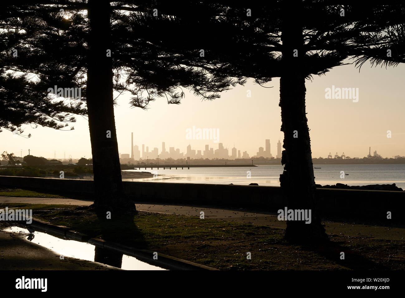 Une vue sur les toits de Melbourne, en Australie, photographié à partir de la plage d'Altona et encadré par un couple d'arbres. Banque D'Images