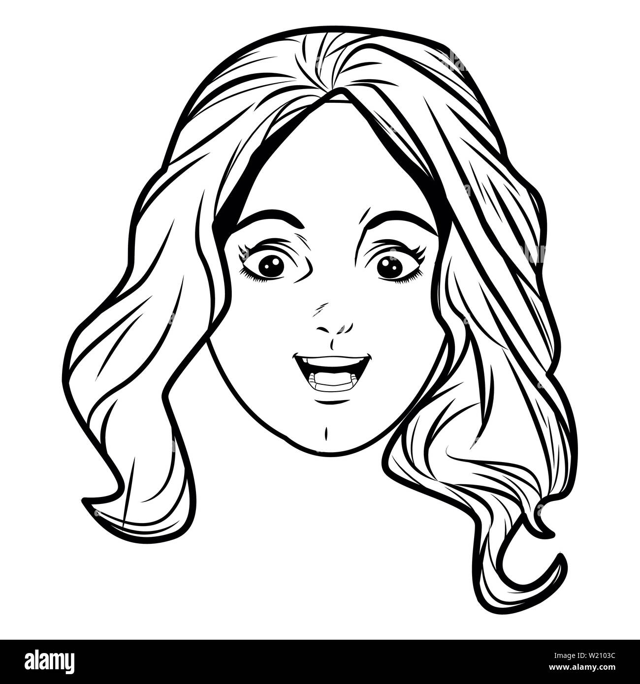 Jeune fille visage dessin animé avatar en noir et blanc le pop art Illustration de Vecteur