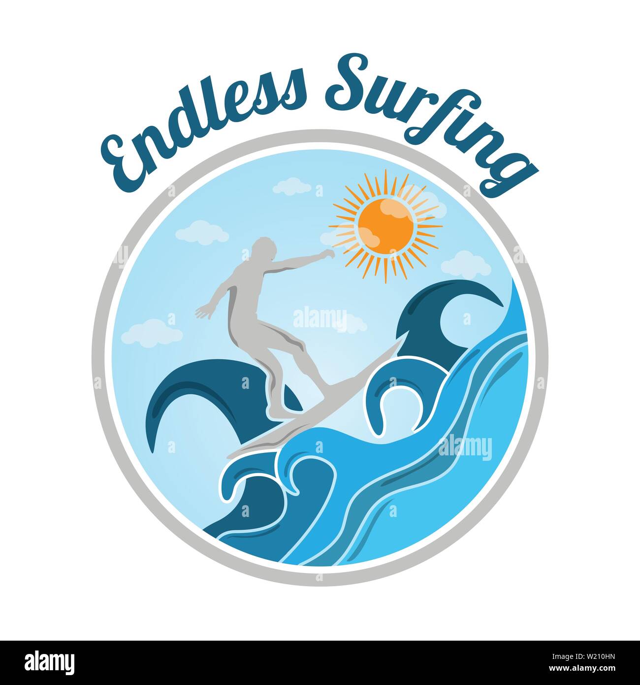 L'été couleur logo vector sport surf , planche de surf et vagues de l'océan. Eté sport surf, illustration de l'insigne du sport surf Illustration de Vecteur