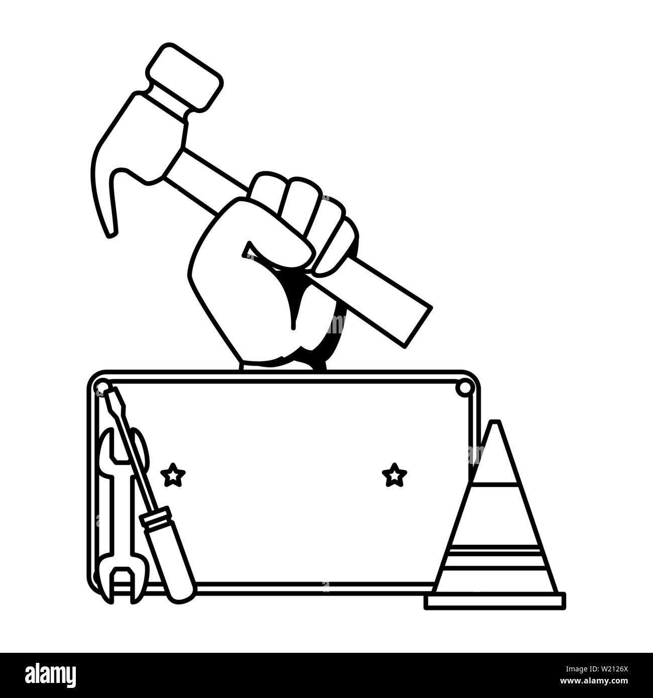 Avec un marteau à la main et outils set Illustration de Vecteur