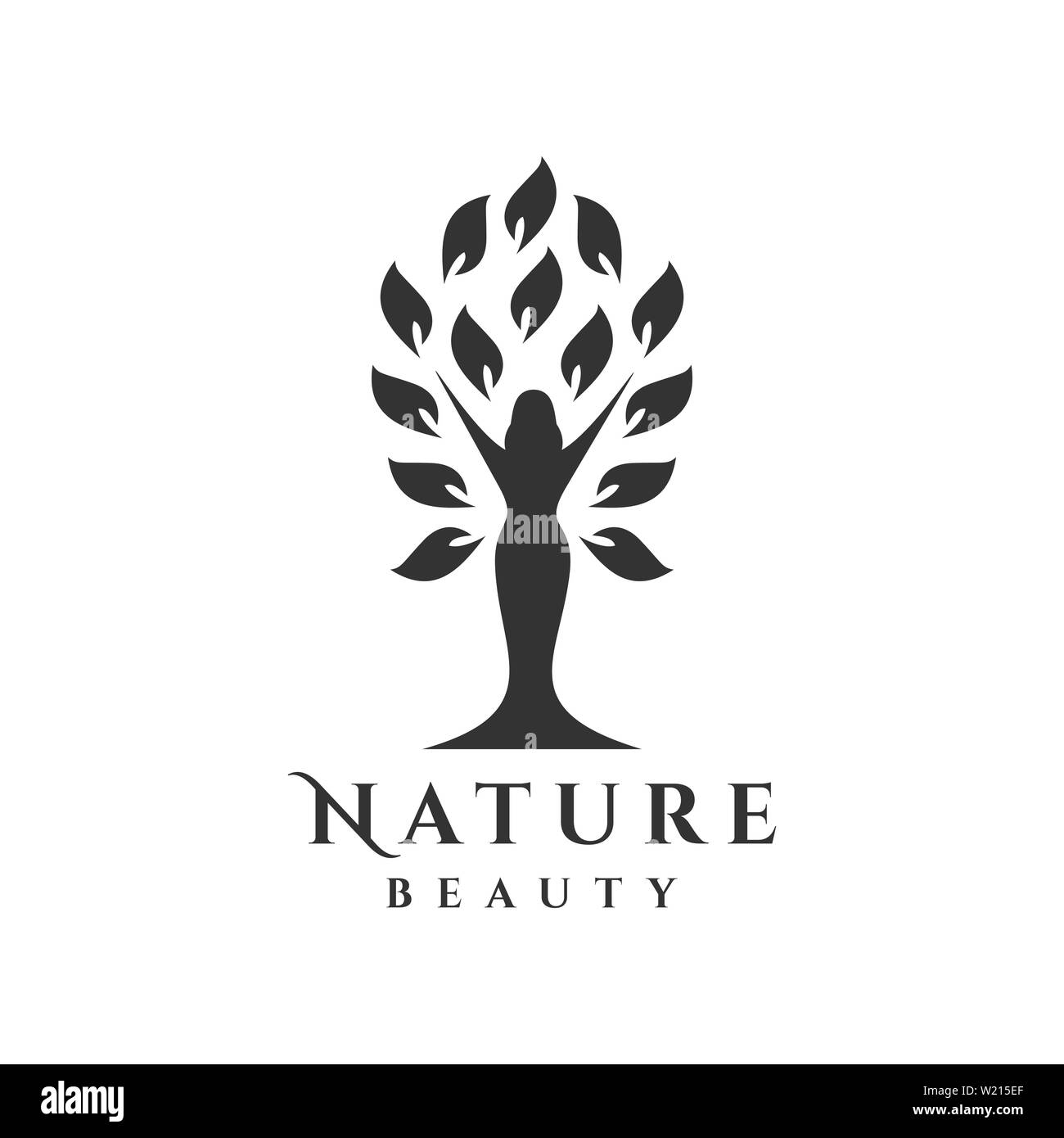 Conception de logo d'arbres avec des feuilles et silhouette de femme Banque D'Images