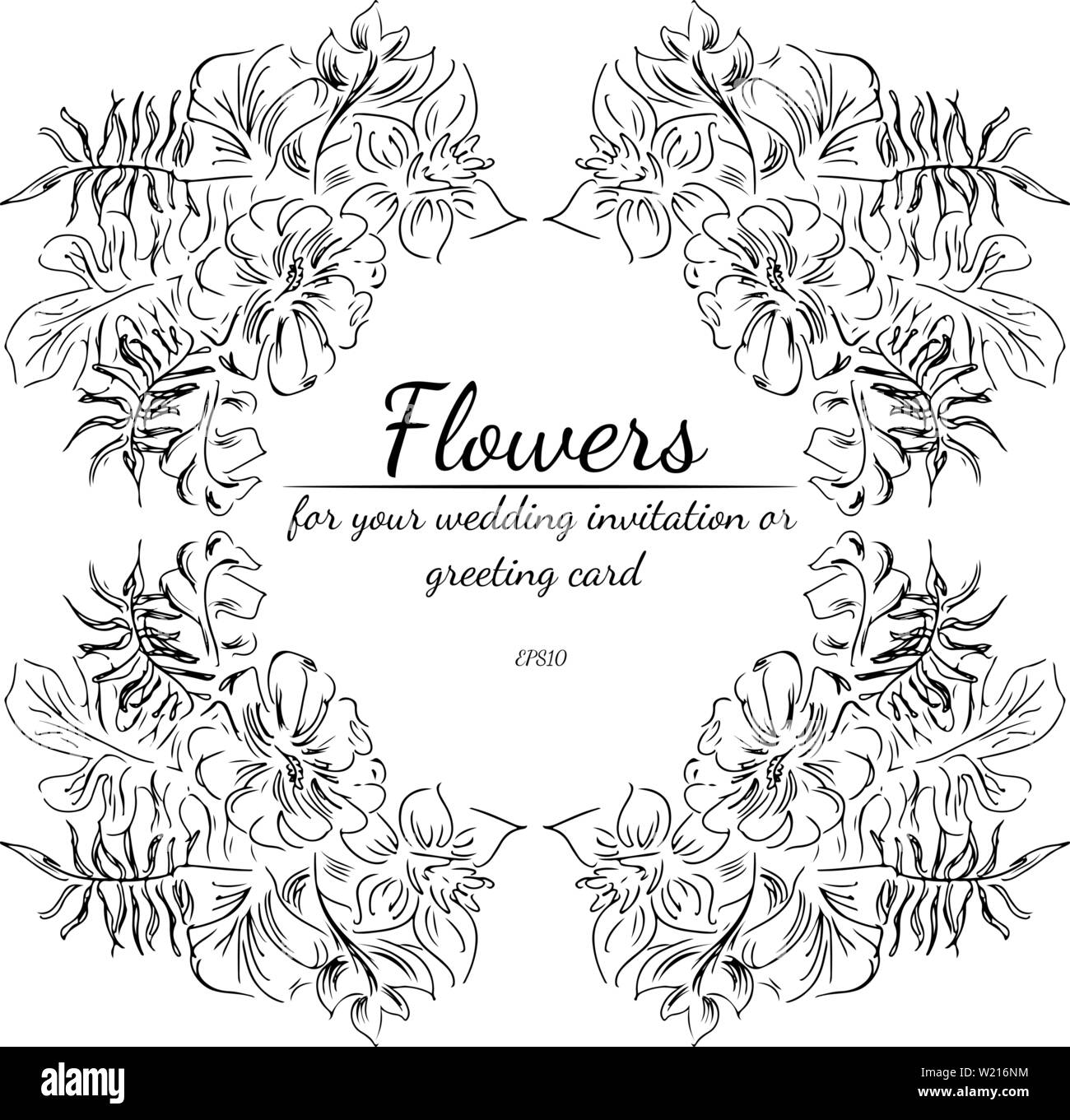 Vector hand croquis avec feuilles et fleurs tropicales isolé sur fond blanc. Jardin botanique exotique des éléments de design pour les cartes d'invitation de mariage, Illustration de Vecteur