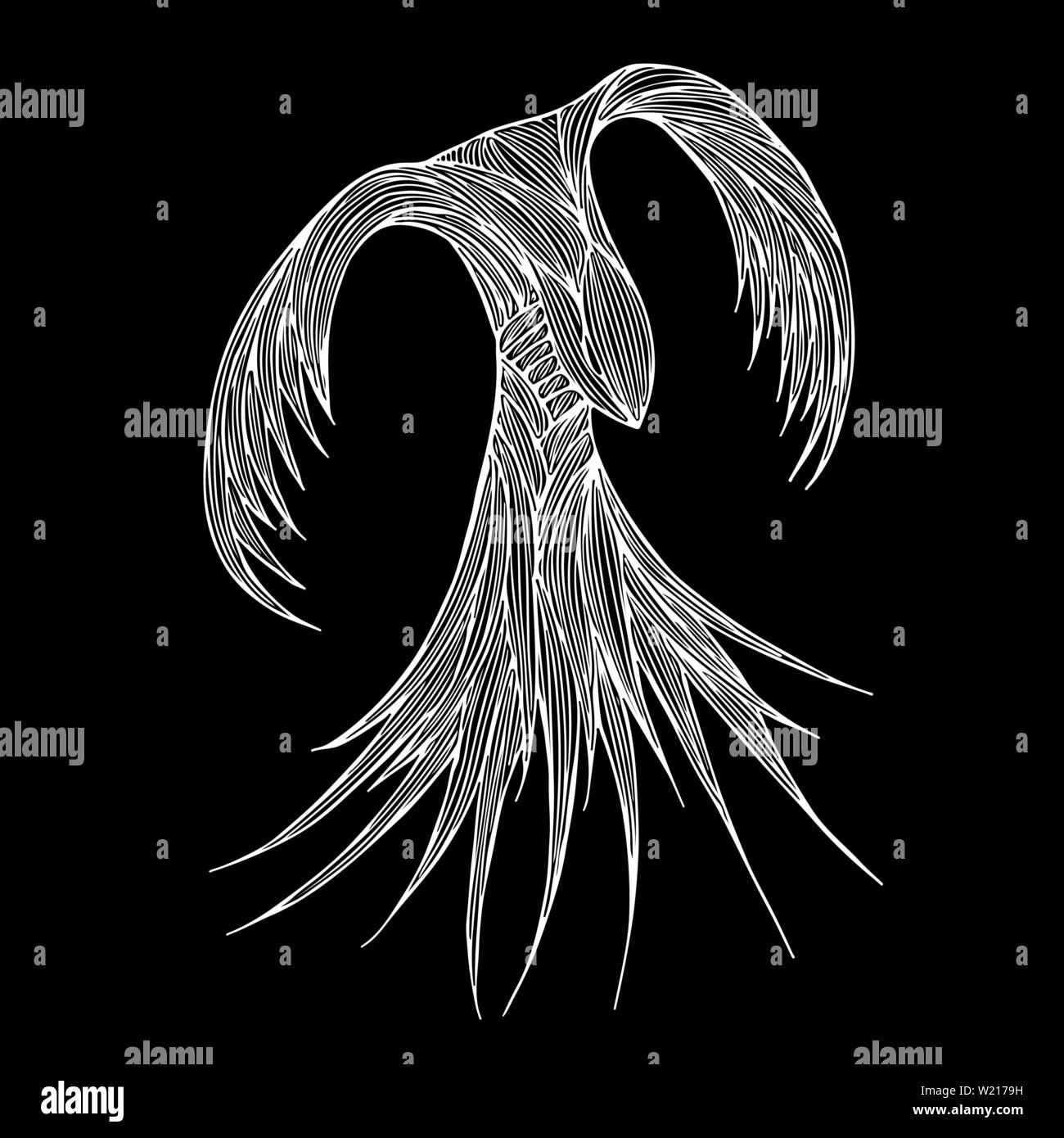 Phoenix Fire bird Illustration et conception des personnages. Oiseau de feu Phoenix isolé sur fond noir. Conception de tatouage animal japonais. Contours dessinés à la main, Illustration de Vecteur