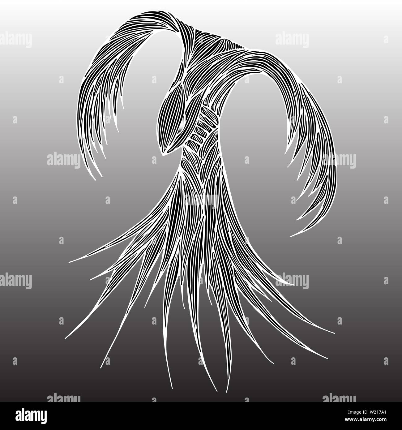 Phoenix Fire bird Illustration et conception des personnages. Oiseau de feu Phoenix isolé sur fond gris. Conception de tatouage animal japonais. Contours dessinés à la main, Illustration de Vecteur