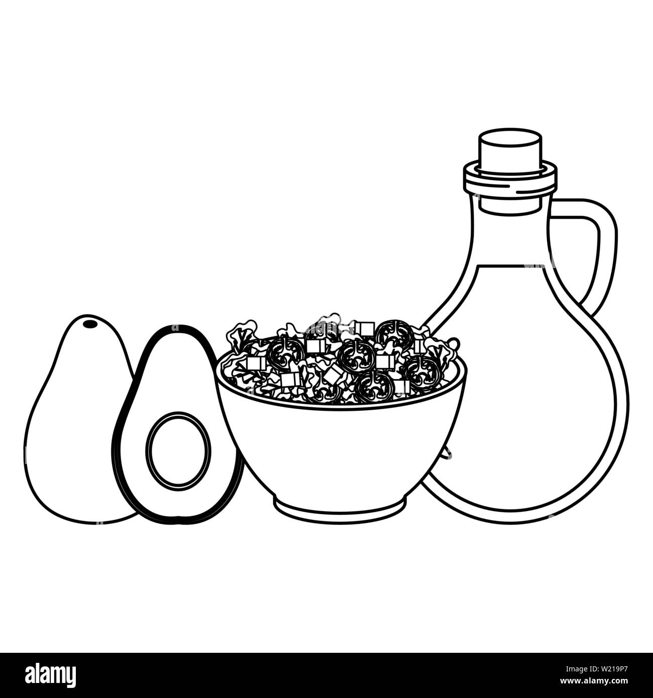 Bol en céramique salade de légumes avec de l'huile d'olive et d'avocat Illustration de Vecteur