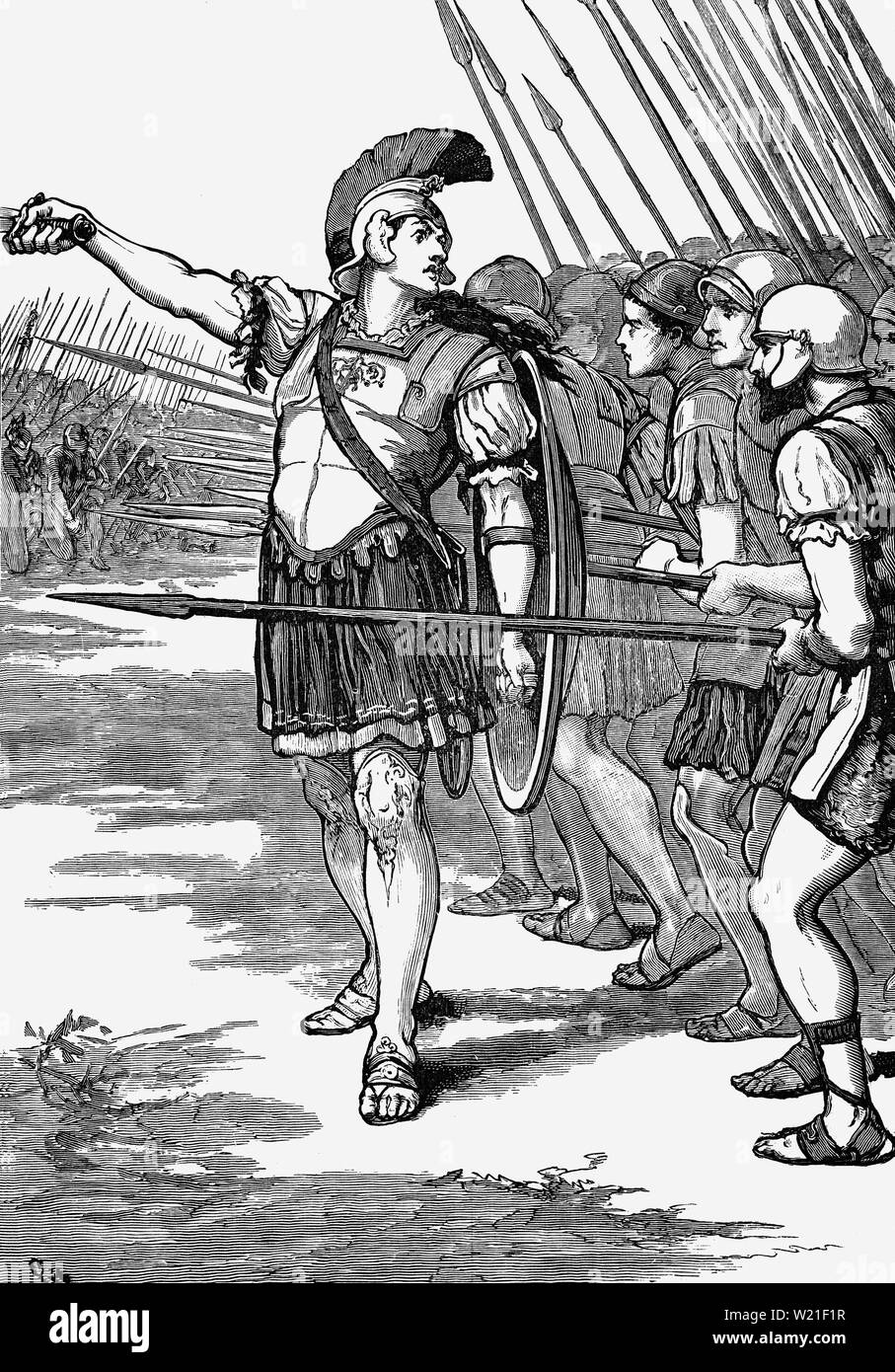 Pelopidas, homme d'État et général en Grèce, conduisant l'armée thébaine à la bataille du Granique le 6 juillet 371 BCE. Le conflit entre le Boeotians dirigé par le Thebans, et les spartiates et leurs alliés ont eu lieu au cours de l'après-guerre de Corinthe conflit. La bataille a eu lieu nearf Granique, un village de Béotie dans le territoire de Thespiae. La victoire thébaine shattered Sparte une immense influence sur la péninsule grecque de Sparte, qui avait acquis après sa victoire dans la guerre du Péloponnèse. Banque D'Images