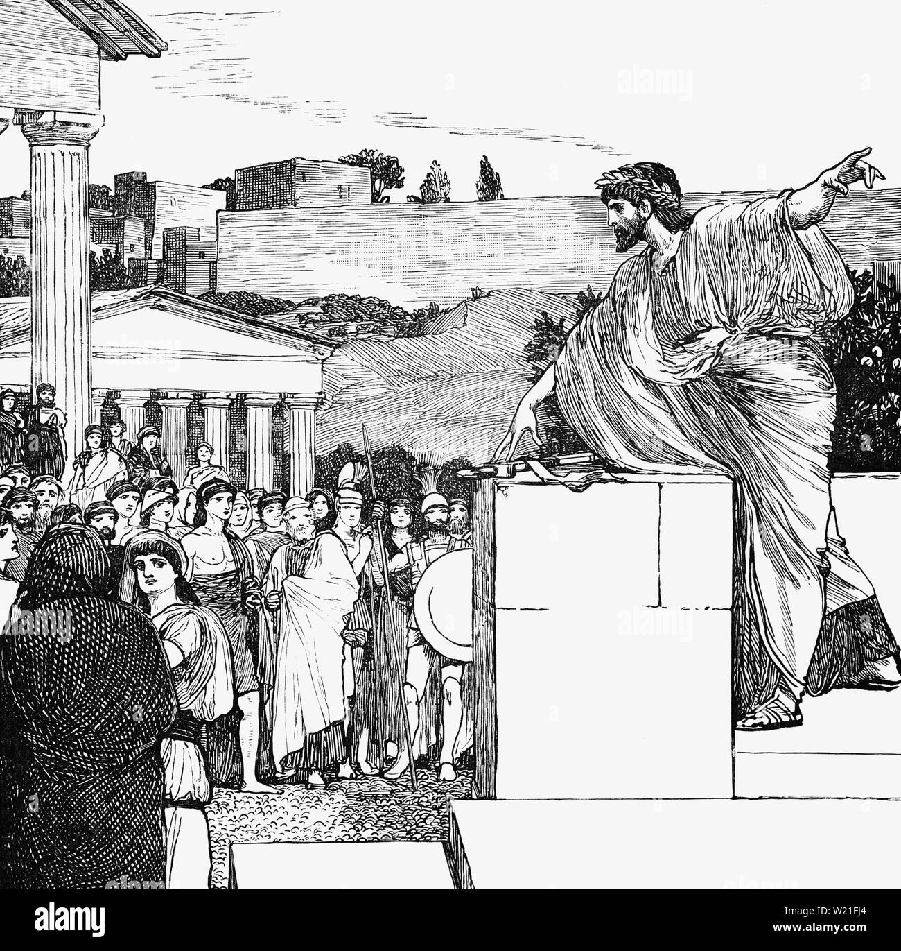 Une oraison funèbre par Démosthène (384 - 322 avant notre ère), un homme d'État grec et orateur de l'Athènes antique. Ses oraisons constituent une expression significative de prouesses intellectuelles athénien contemporain et donnent un aperçu de la politique et de la culture de la Grèce antique au cours du 4e siècle avant J.-C.. Après la mort de Philippe II de Macédoine, Démosthène a joué un rôle dans sa ville, soulèvement contre Alexandre le Grand. Cependant, ses efforts ont échoué et le successeur d'Alexandre à Athènes, Antipater, a envoyé ses hommes de suivre le bas. Démosthène Démosthène a pris sa propre vie, en vue d'éviter l'arrestation. Banque D'Images