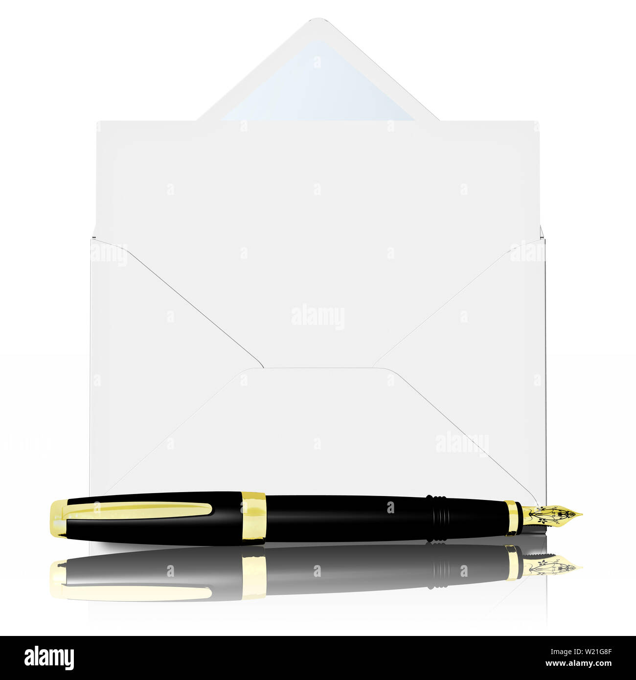 3D illustration. Enveloppe avec lettre symbolisant l'e-mail avec fontaine au premier plan. Banque D'Images