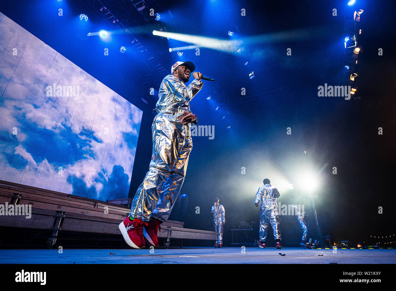 Roskilde, Danemark. Le 04 juillet, 2019. Roskilde, Danemark. Juillet 04th, 2019. Le groupe de rap américain George Sanders effectue un concert live au cours de la Danish music festival Festival de Roskilde en 2019. (Photo crédit : Gonzales Photo/Alamy Live News Banque D'Images