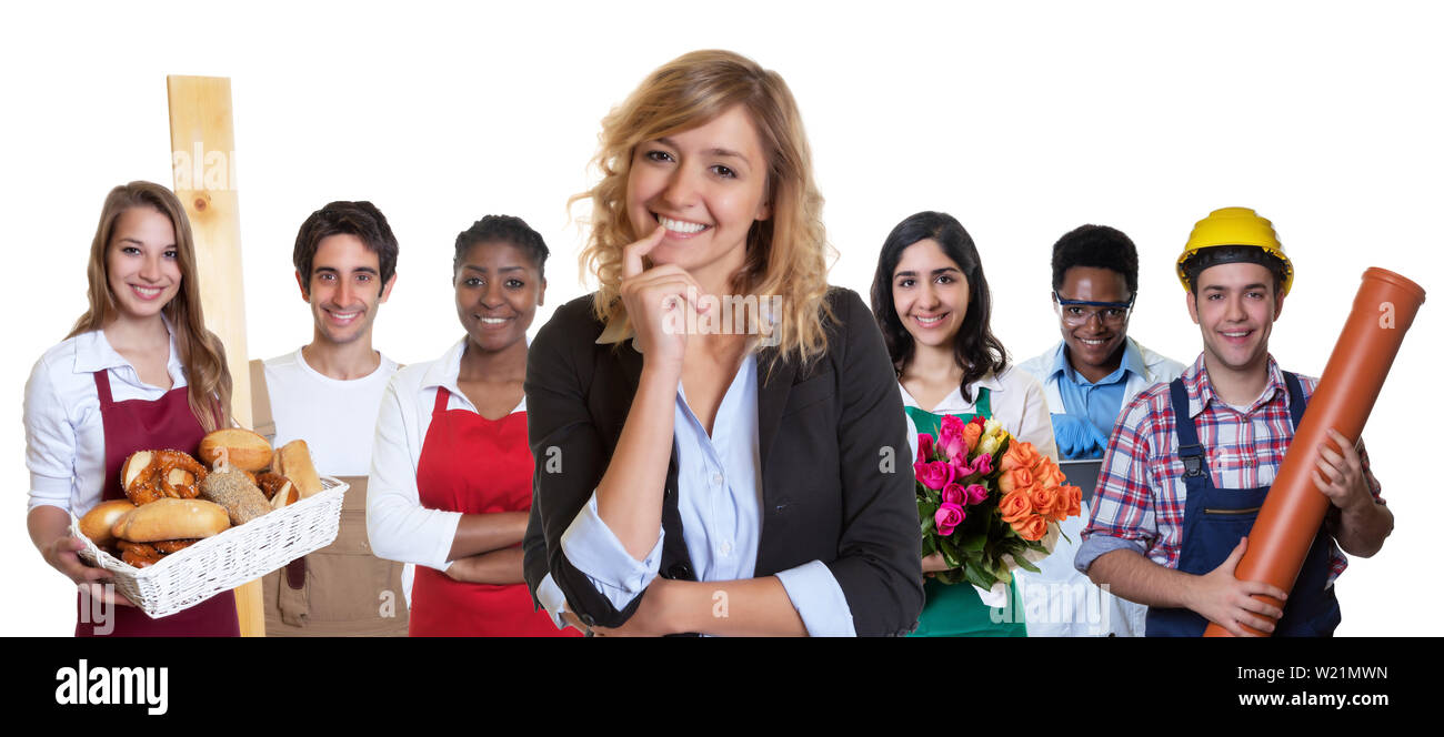 Smart Business féminin stagiaire avec un groupe d'autres apprentis sur un fond blanc pour découper Banque D'Images