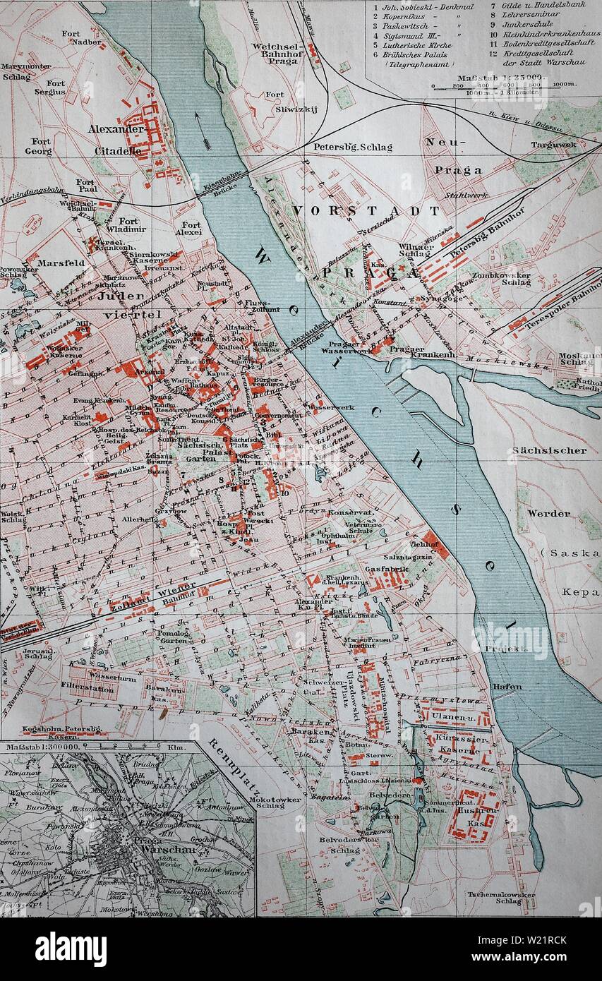 La carte de la ville de Varsovie, à partir de 1885, l'illustration historique, Pologne Banque D'Images