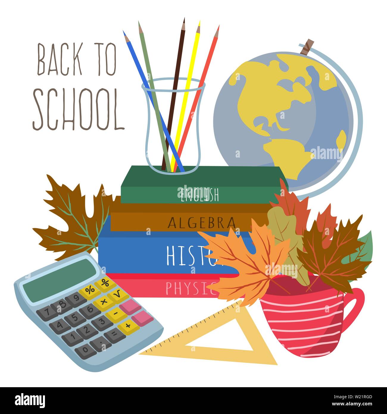 Retour à l'école. Cute vector illustration pour poster, l'arrière-plan, une bannière ou une carte, dessin libre avec la papeterie, les livres, la calculatrice et sur un globe Illustration de Vecteur