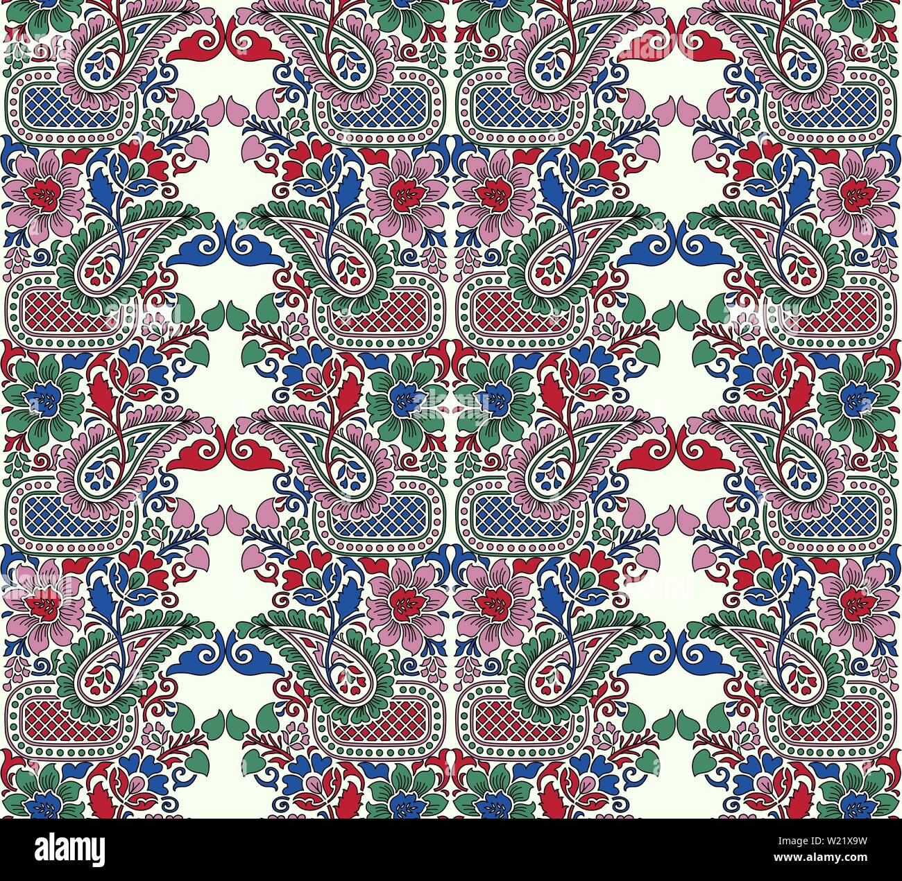 Imprimé sur bois motif floral ethnique homogène. Ornement oriental traditionnel de l'Inde, paisley et motif fleurs, rouge, vert, rose et bleu sur l'écru Illustration de Vecteur