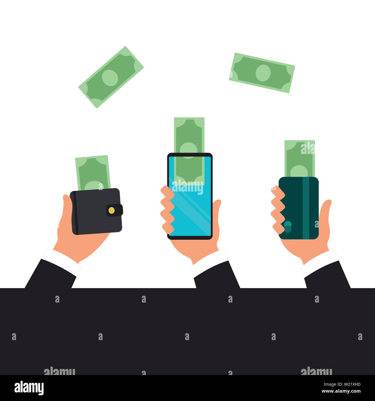 Mains tenant téléphone intelligent. Les applications de paiement bancaire. Les gens l'envoi et la réception de l'argent avec les téléphones mobiles sans fil. Style plat vector icons. L'argent en ligne Illustration de Vecteur