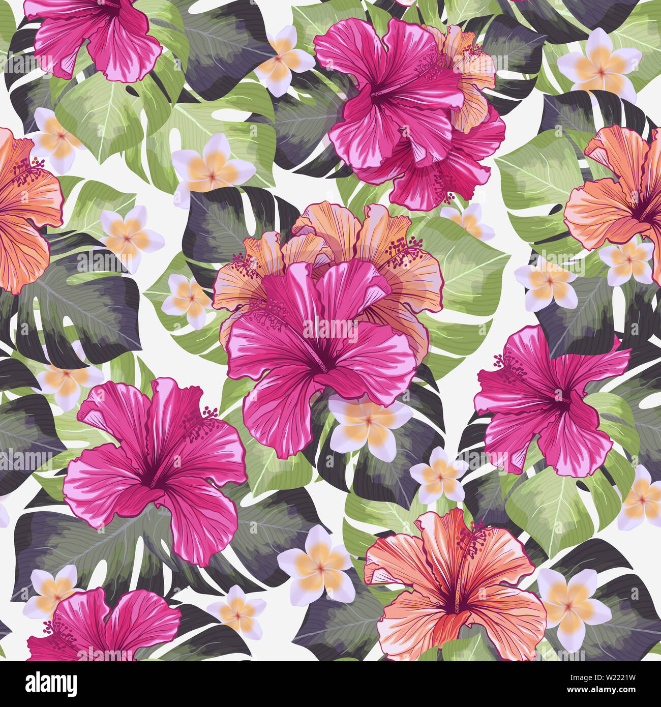 Hawaiian Hibiscus Fleur et parfum Feuilles Monstera modèle homogène. Mauve, rose chinois et la flore botanique Palms avec pétales. Karkade ou tropicales Banque D'Images Hawaiian Hibiscus Fleur et parfum Feuilles Monstera modèle homogène. Mauve, rose chinois et la flore botanique Palms avec pétales. Karkade ou tropicales Banque D'Images