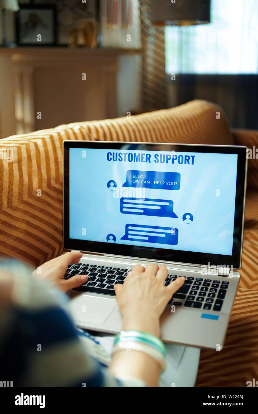 Femme au foyer assis sur le divan dans la maison moderne en chaude journée d'été ensoleillée en utilisant ai service client sur un ordinateur portable. Banque D'Images