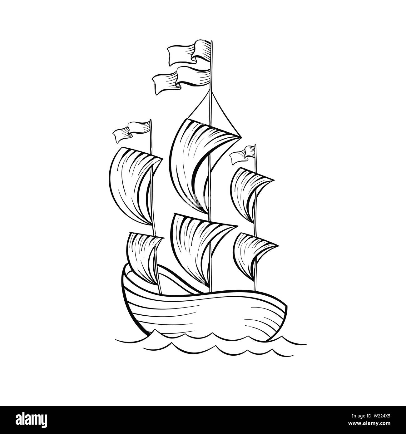 Voilier noir et blanc illustration vectorielle. Ancien navire de voiles et les drapeaux de l'esquisse pour livre à colorier. Bateau Vintage sur les vagues la gravure. Logo de l'agence de voyage. Élément de design de l'affiche de la tournée Voyage Illustration de Vecteur