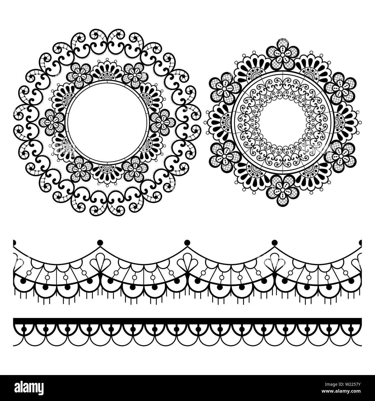 Modèle vecteur dentelle Mandala round design vintage, avec des fleurs et des vagues en noir sur fond blanc Illustration de Vecteur